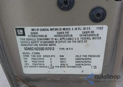 2003 Chevrolet Suburban 1500 Lt from USA, damaged, VIN 3GNEC16Z93G187013